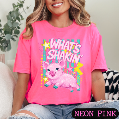 What's Shakin' Bacon Pig Graphic T-Shirt | Funny Farm Animal Shirt | Cute Retro Country Tee