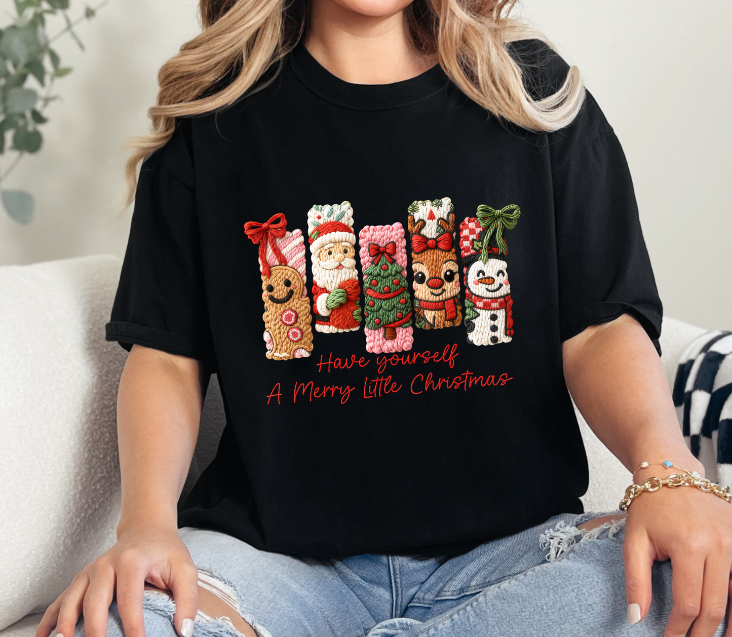 Have Yourself a Merry Little Christmas Tee | Cozy Faux Knit Character Holiday Shirt | Cute Gingerbread, Santa, Reindeer & Snowman
