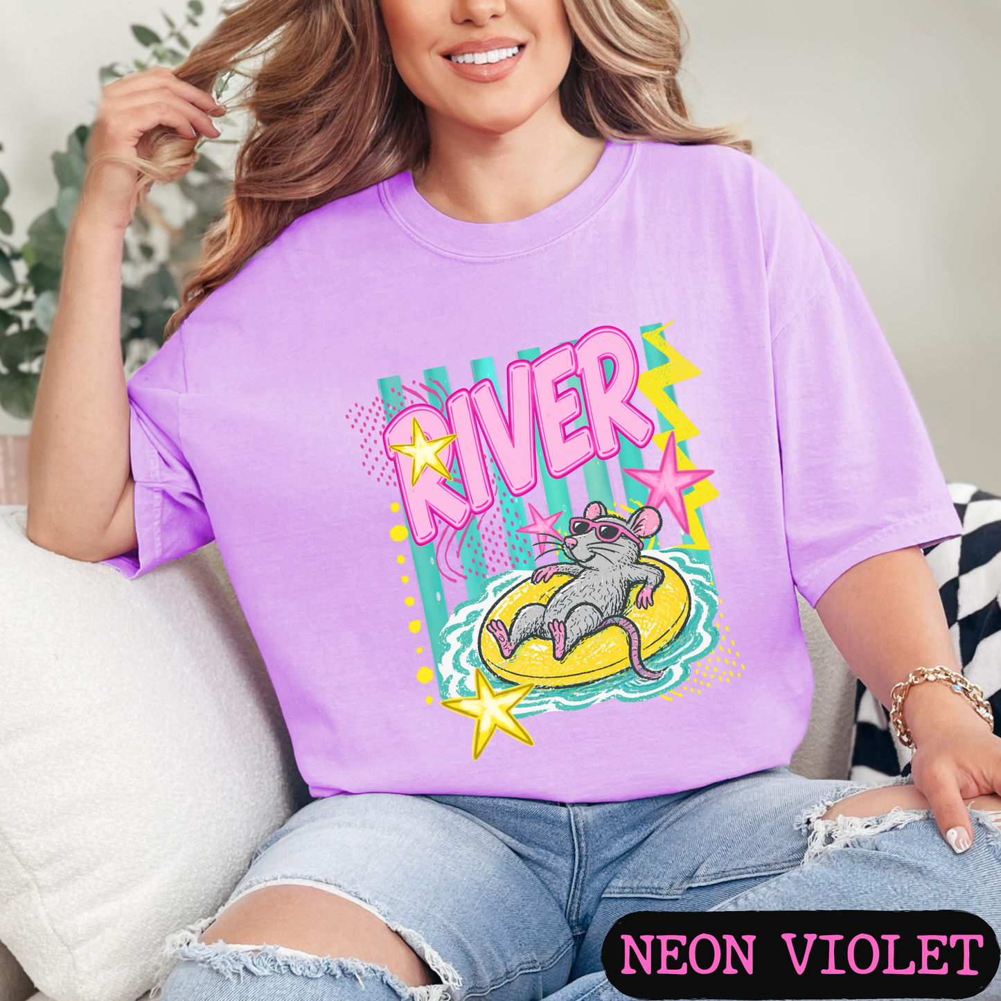 River Rat Retro Summer Graphic Tee | Cute Pool Float Mouse Shirt | Bright Neon Comfort Colors T-Shirt