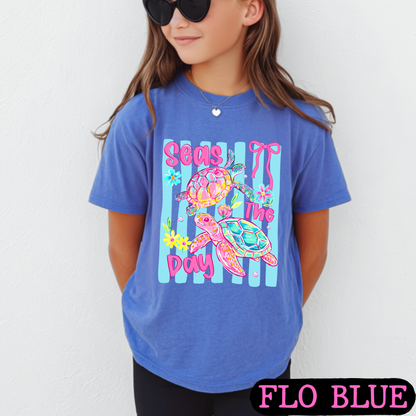Seas The Day Sea Turtle Graphic Tee | Coastal Beach Shirt | Summer Vacation Tee | Ocean Lover Gift | Cute Turtle Shirt