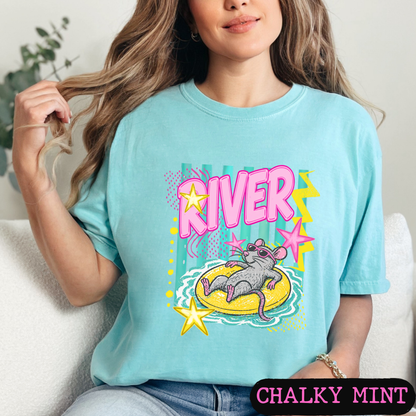 River Rat Retro Summer Graphic Tee | Cute Pool Float Mouse Shirt | Bright Neon Comfort Colors T-Shirt