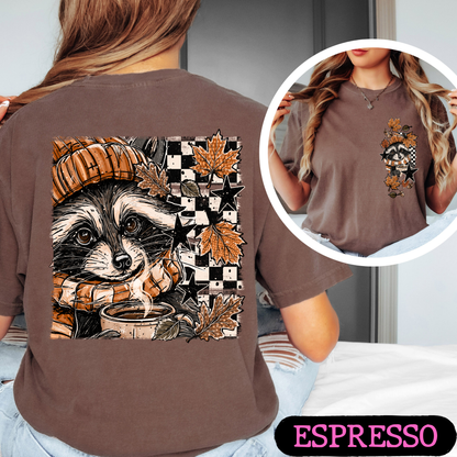 Cozy Fall Raccoon Comfort Colors T-Shirt | Front & Back Autumn Graphic Tee