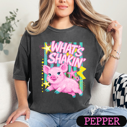 What's Shakin' Bacon Pig Graphic T-Shirt | Funny Farm Animal Shirt | Cute Retro Country Tee
