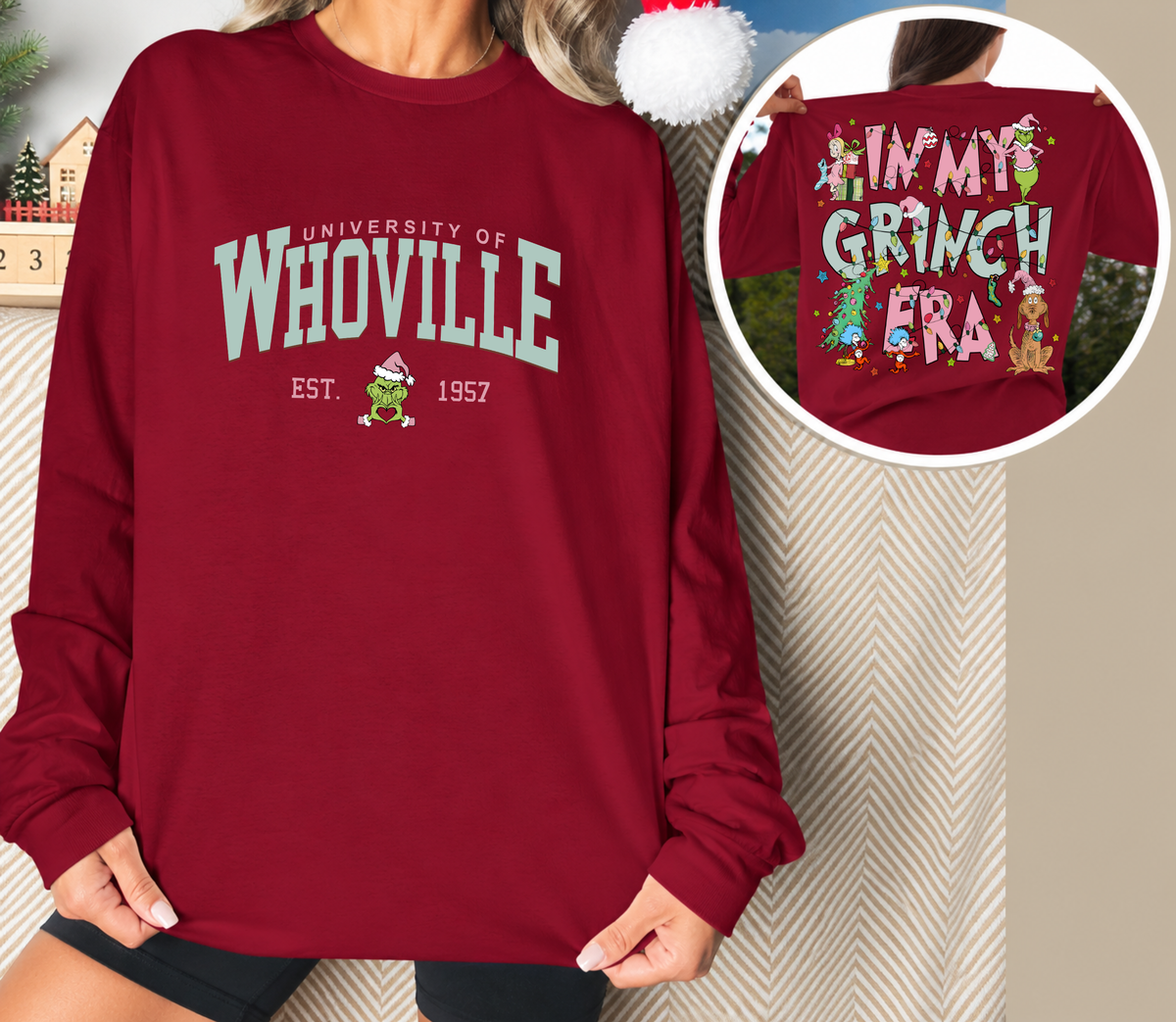 Whoville University Long Sleeve | Pink In My Grinch Era | Christmas Shirt