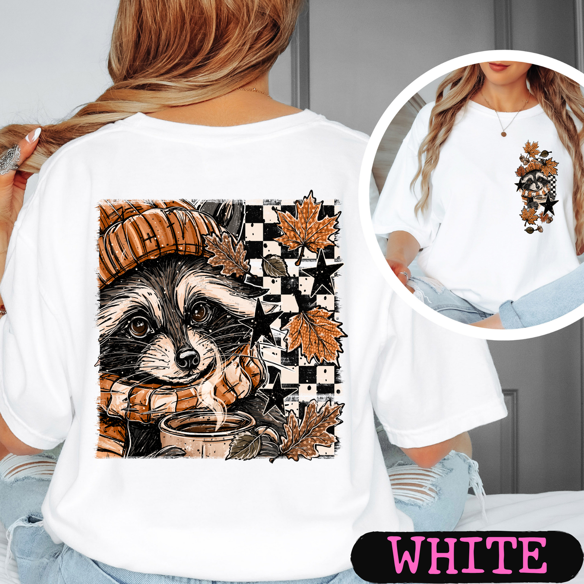 Cozy Fall Raccoon Comfort Colors T-Shirt | Front & Back Autumn Graphic Tee