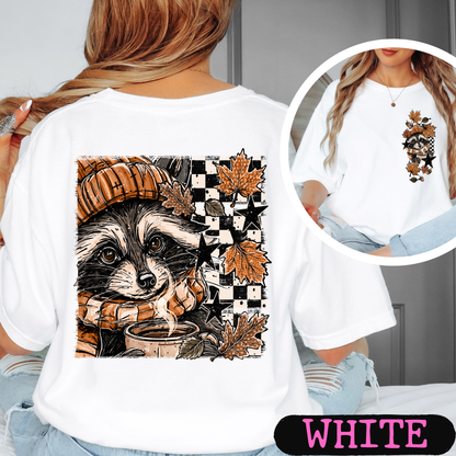 Cozy Fall Raccoon Comfort Colors T-Shirt | Front & Back Autumn Graphic Tee
