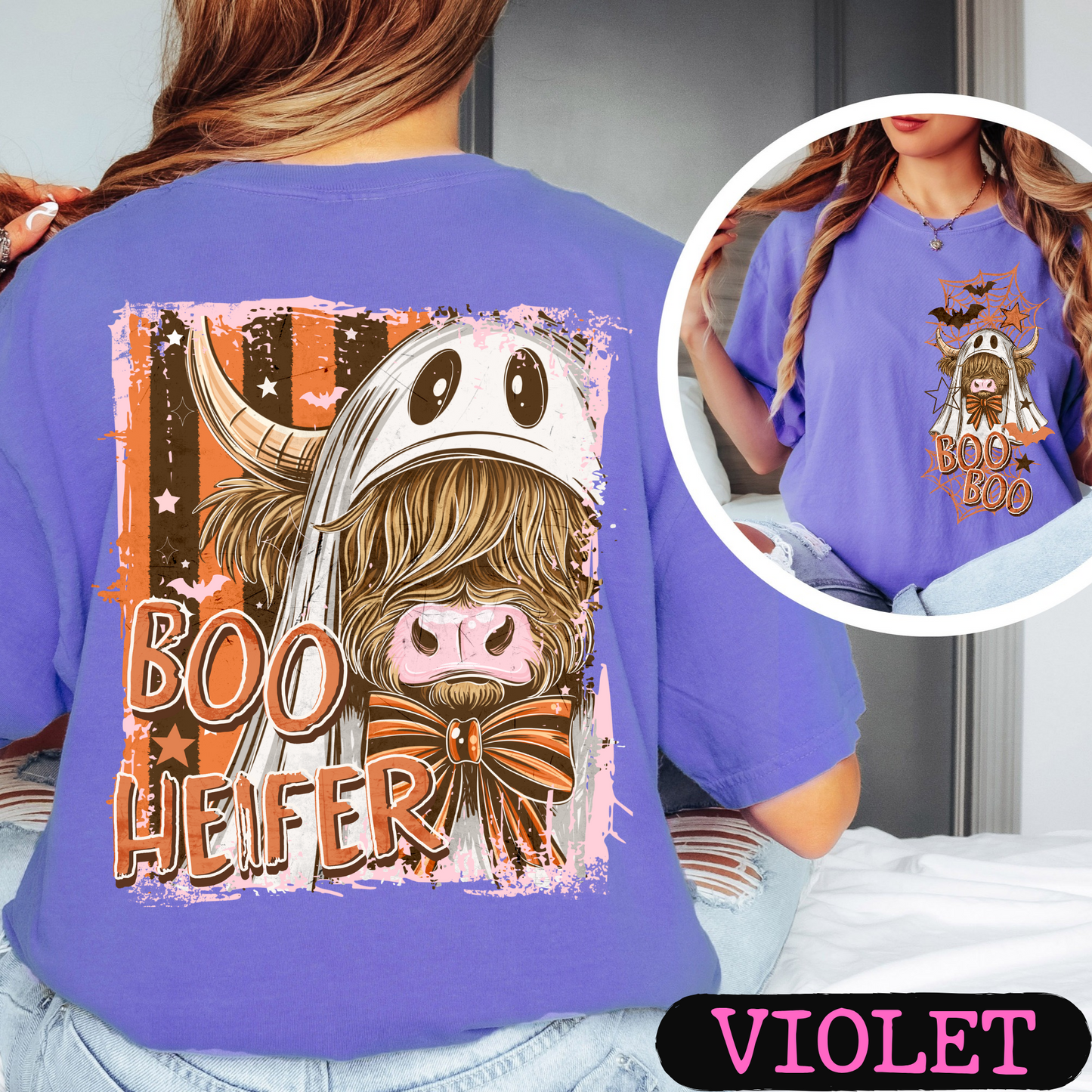 Boo Heifer Highland Cow Halloween Comfort Colors Shirt | Funny Ghost Cow Tee | Cute Spooky Fall Graphic Tee | Front & Back Print