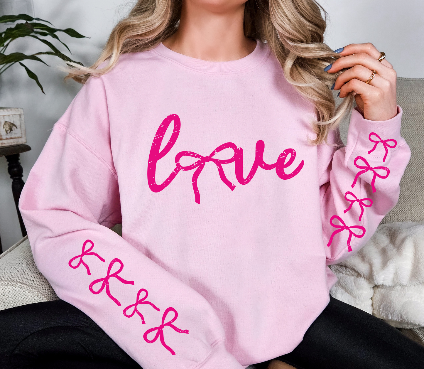 LOVE Bow Sweatshirt | Valentine Aesthetic Pullover with Bow Sleeve Detail