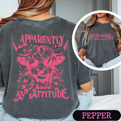 Apparently I Have An Attitude Highland Cow Comfort Colors Graphic T-Shirt | Funny Cow Tee | Front & Back Print