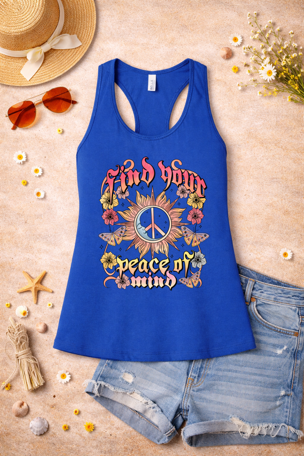 Find Your Peace of Mind Boho Graphic Racerback Tank | Retro Hippie Sun & Floral Tank Top | Summer Spiritual Vibes Shirt