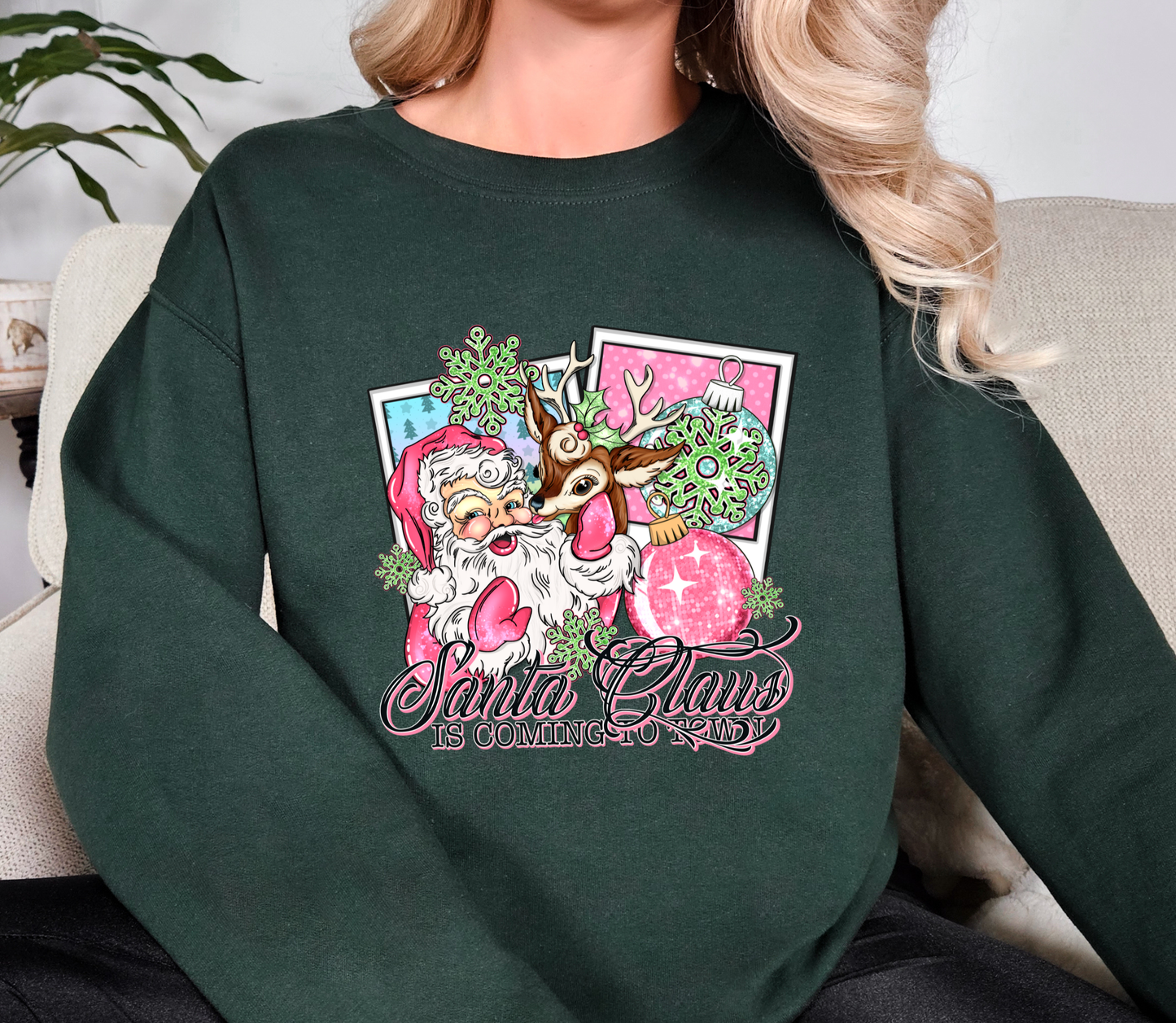 Retro Pink Santa & Reindeer Christmas Sweatshirt | Santa Claus Is Coming To Town | Vintage Holiday Crewneck