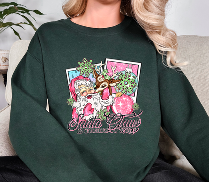 Retro Pink Santa & Reindeer Christmas Sweatshirt | Santa Claus Is Coming To Town | Vintage Holiday Crewneck