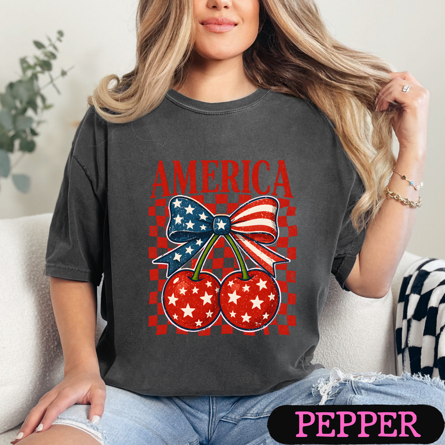 🇺🇸 America Cherry Bow Patriotic T-Shirt | Fourth of July Graphic Tee | Vintage USA Shirt | Women's Independence Day Tee