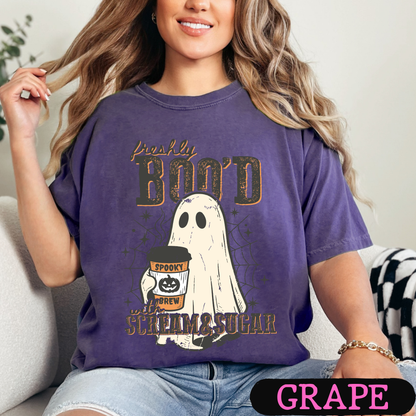 Freshly Boo'd with Scream & Sugar Ghost Halloween Coffee Shirt | Cute Fall Graphic Tee | Comfort Colors Halloween Tee