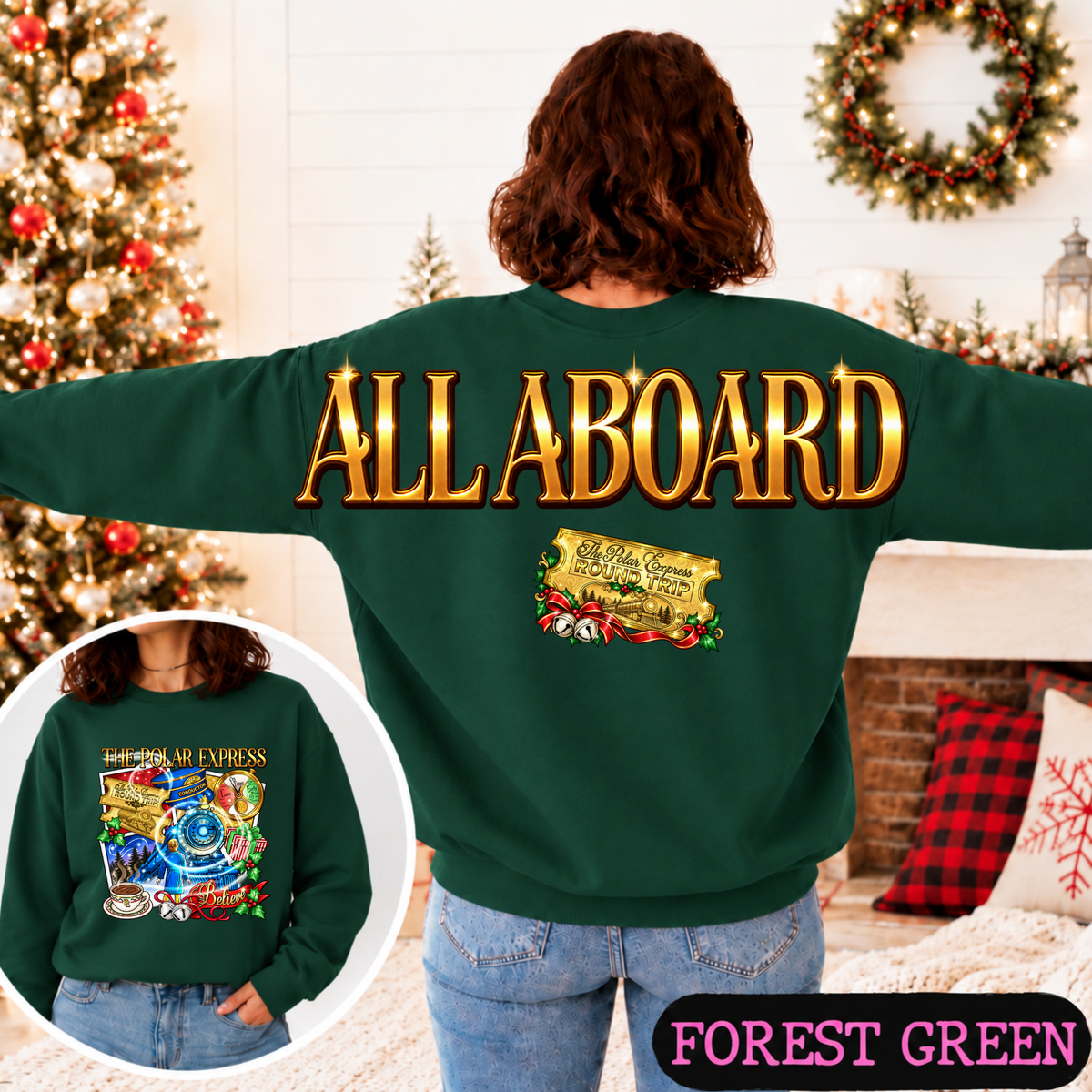 All Aboard Christmas Train Big Back Sweatshirt | Vintage Holiday Graphic