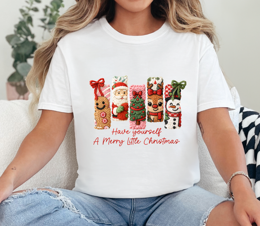 Have Yourself a Merry Little Christmas Tee | Cozy Faux Knit Character Holiday Shirt | Cute Gingerbread, Santa, Reindeer & Snowman