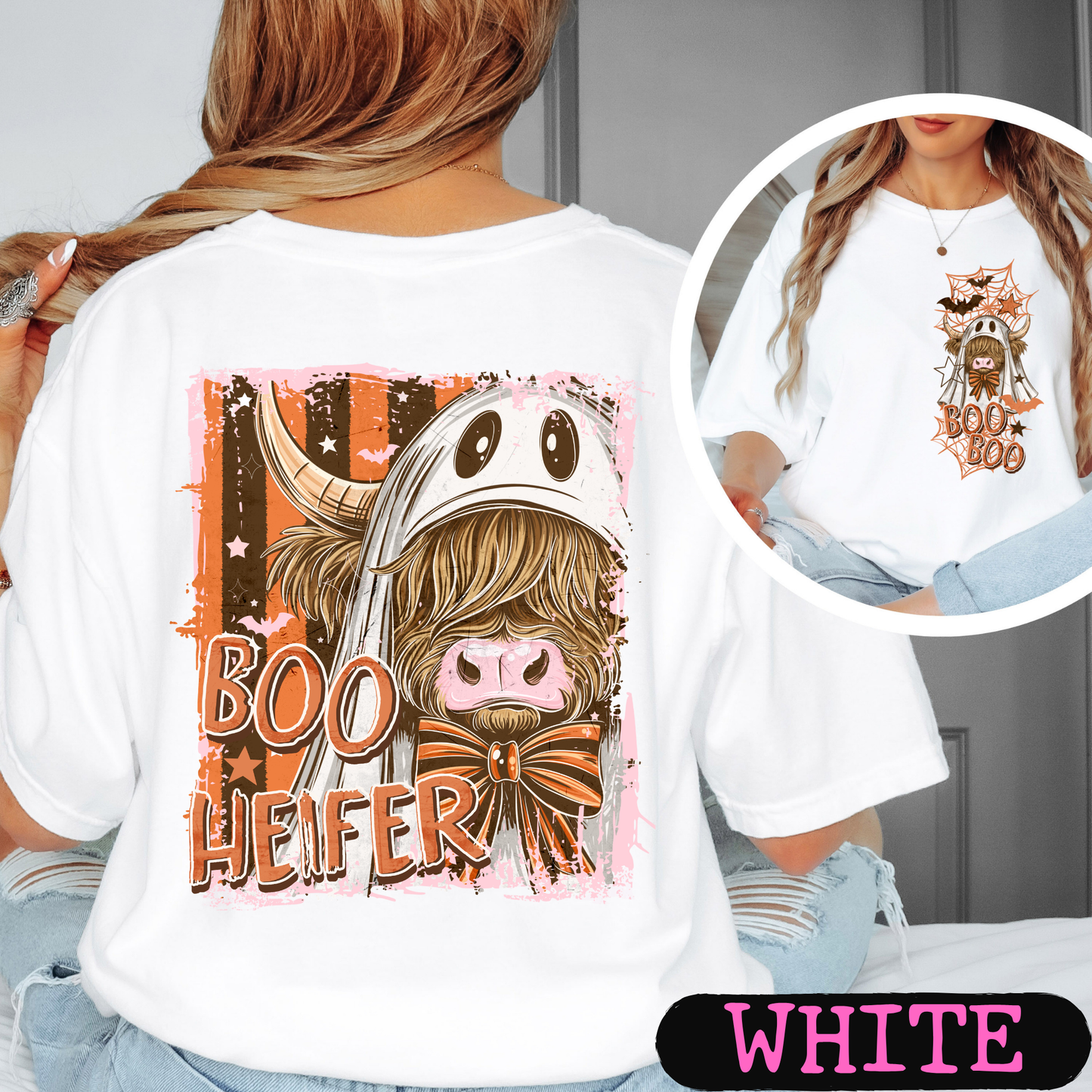 Boo Heifer Highland Cow Halloween Comfort Colors Shirt | Funny Ghost Cow Tee | Cute Spooky Fall Graphic Tee | Front & Back Print