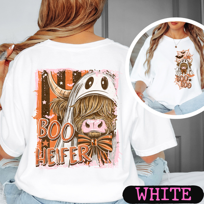 Boo Heifer Highland Cow Halloween Comfort Colors Shirt | Funny Ghost Cow Tee | Cute Spooky Fall Graphic Tee | Front & Back Print