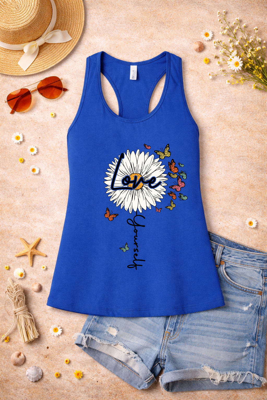 Love Yourself Daisy Butterfly Racerback Tank | Inspirational Graphic Tank Top | Summer Floral Shirt | Positive Vibes Apparel