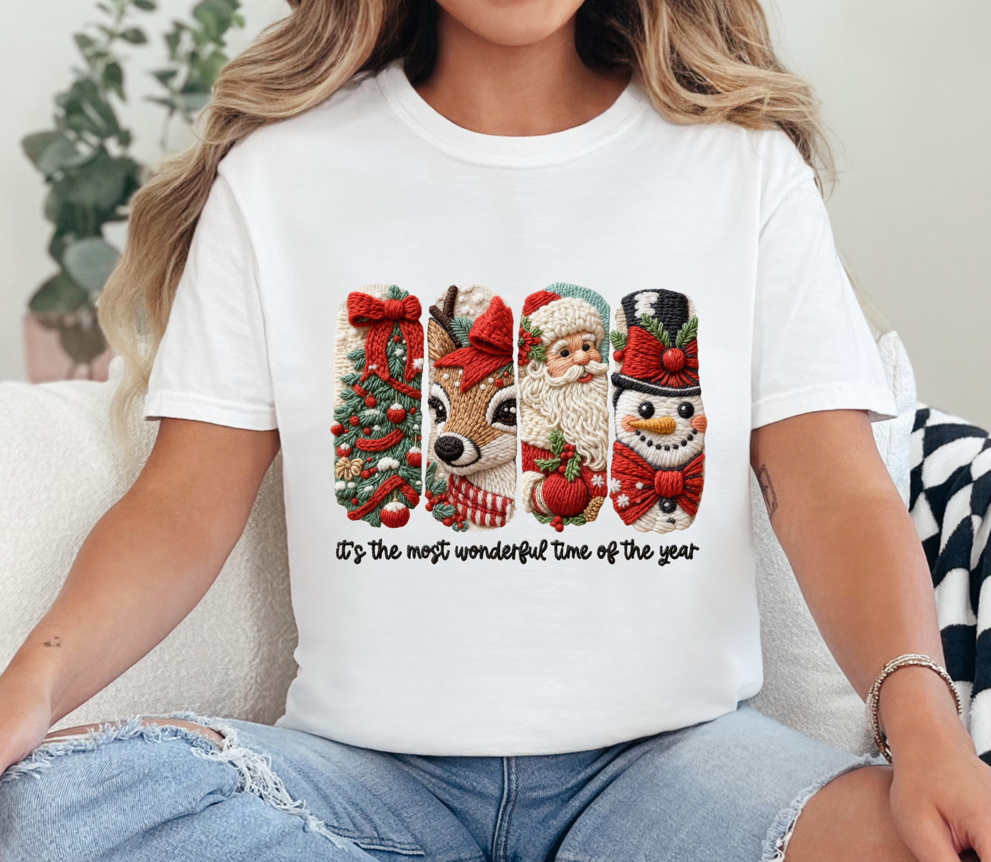 Christmas Embroidered Characters Tee “Most Wonderful Time of the Year” | Faux Yarn Merry Christmas Tshirt | Yarn Christmas Tree Tshirt | Realistic Yarn Tshirt