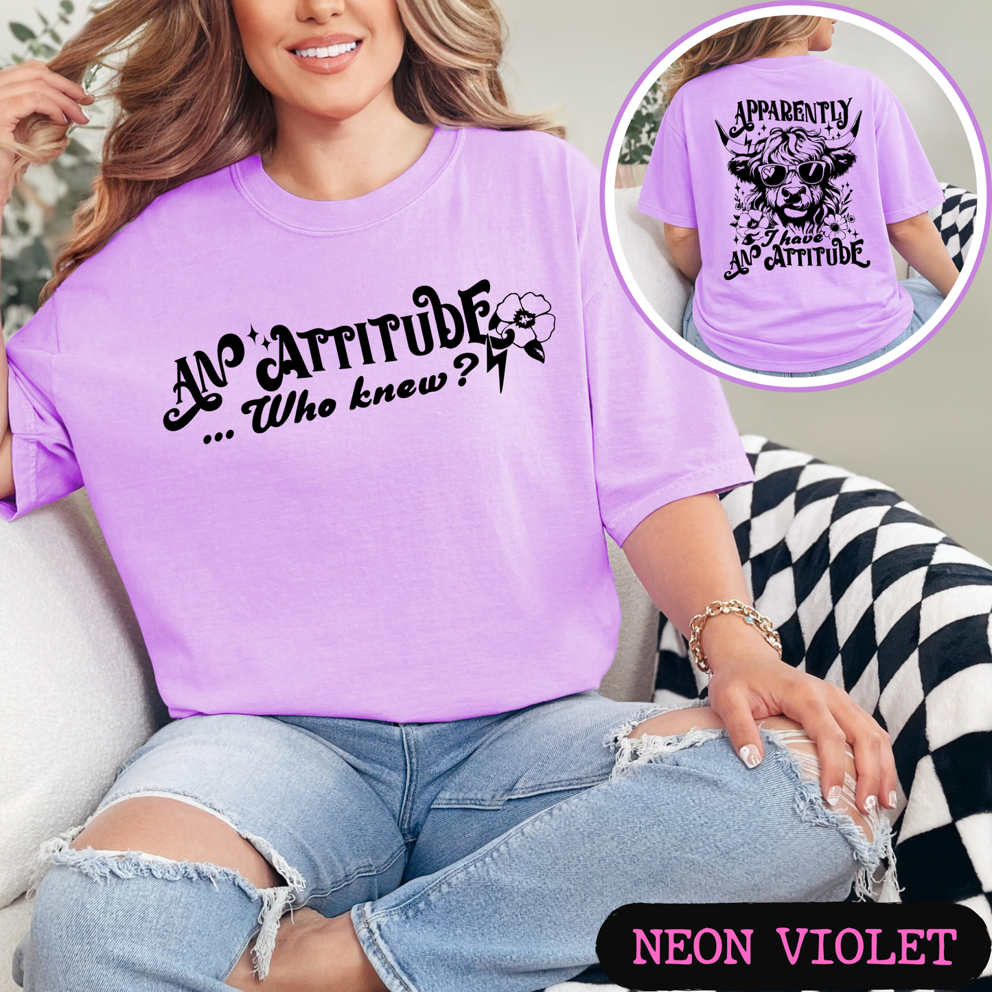 Apparently I Have An Attitude Highland Cow Comfort Colors Graphic T-Shirt | Funny Cow Tee | Front & Back Print