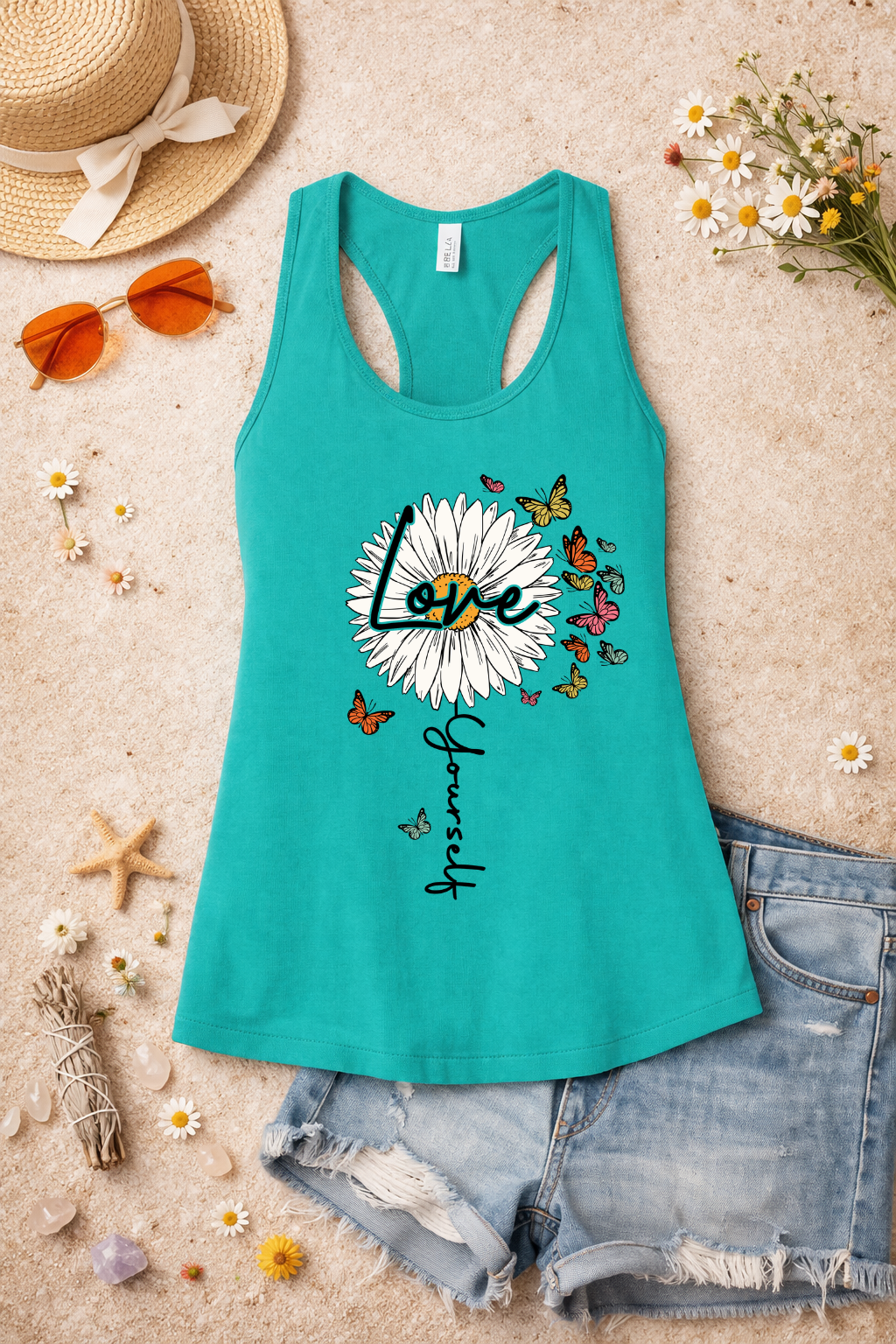 Love Yourself Daisy Butterfly Racerback Tank | Inspirational Graphic Tank Top | Summer Floral Shirt | Positive Vibes Apparel