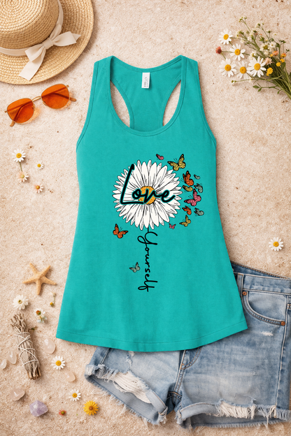 Love Yourself Daisy Butterfly Racerback Tank | Inspirational Graphic Tank Top | Summer Floral Shirt | Positive Vibes Apparel