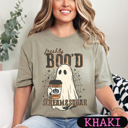 Freshly Boo'd with Scream & Sugar Ghost Halloween Coffee Shirt | Cute Fall Graphic Tee | Comfort Colors Halloween Tee