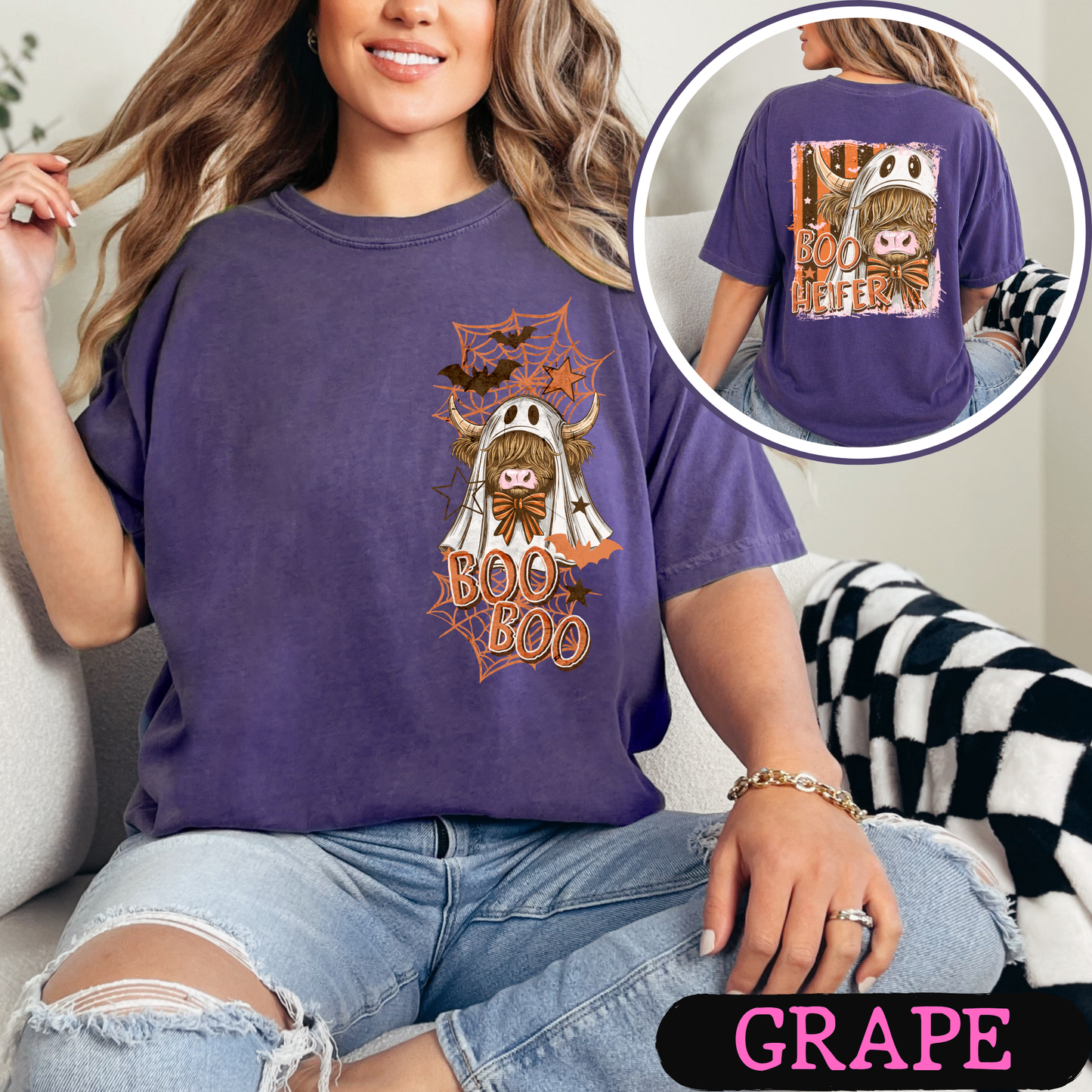 Boo Heifer Highland Cow Halloween Comfort Colors Shirt | Funny Ghost Cow Tee | Cute Spooky Fall Graphic Tee | Front & Back Print
