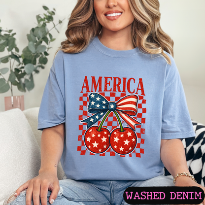 🇺🇸 America Cherry Bow Patriotic T-Shirt | Fourth of July Graphic Tee | Vintage USA Shirt | Women's Independence Day Tee