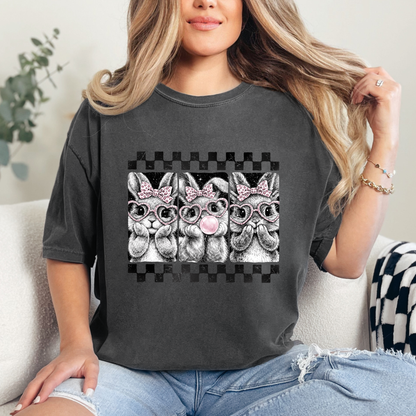 Cute Bunny Easter Shirt – Pink Bow Bunny Graphic Tee | Bubble Gum Bunny Shirt | Spring Easter T-Shirt for Women | Cute Rabbit Shirt