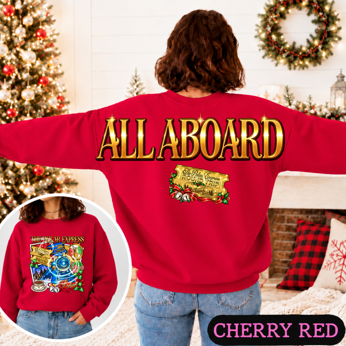 All Aboard Christmas Train Big Back Sweatshirt | Vintage Holiday Graphic