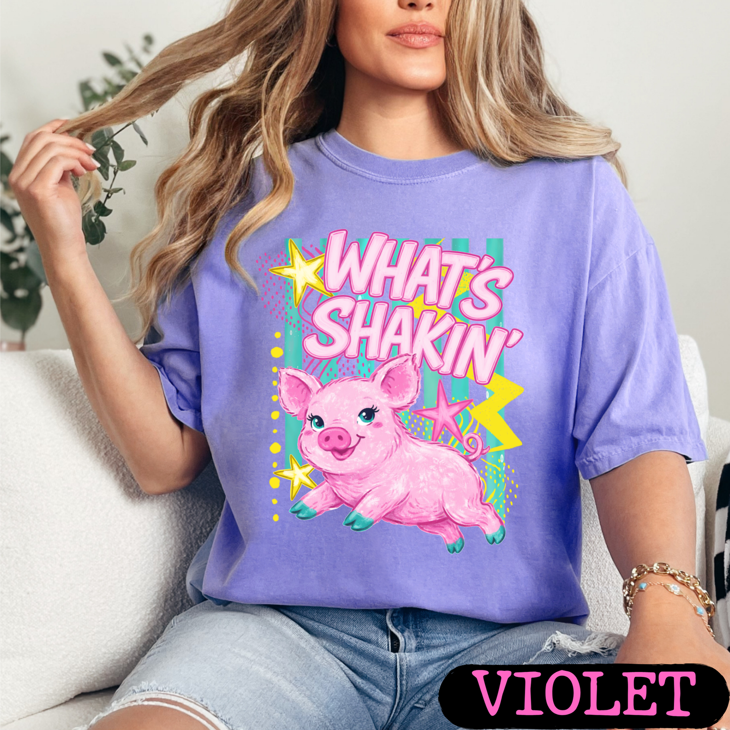 What's Shakin' Bacon Pig Graphic T-Shirt | Funny Farm Animal Shirt | Cute Retro Country Tee