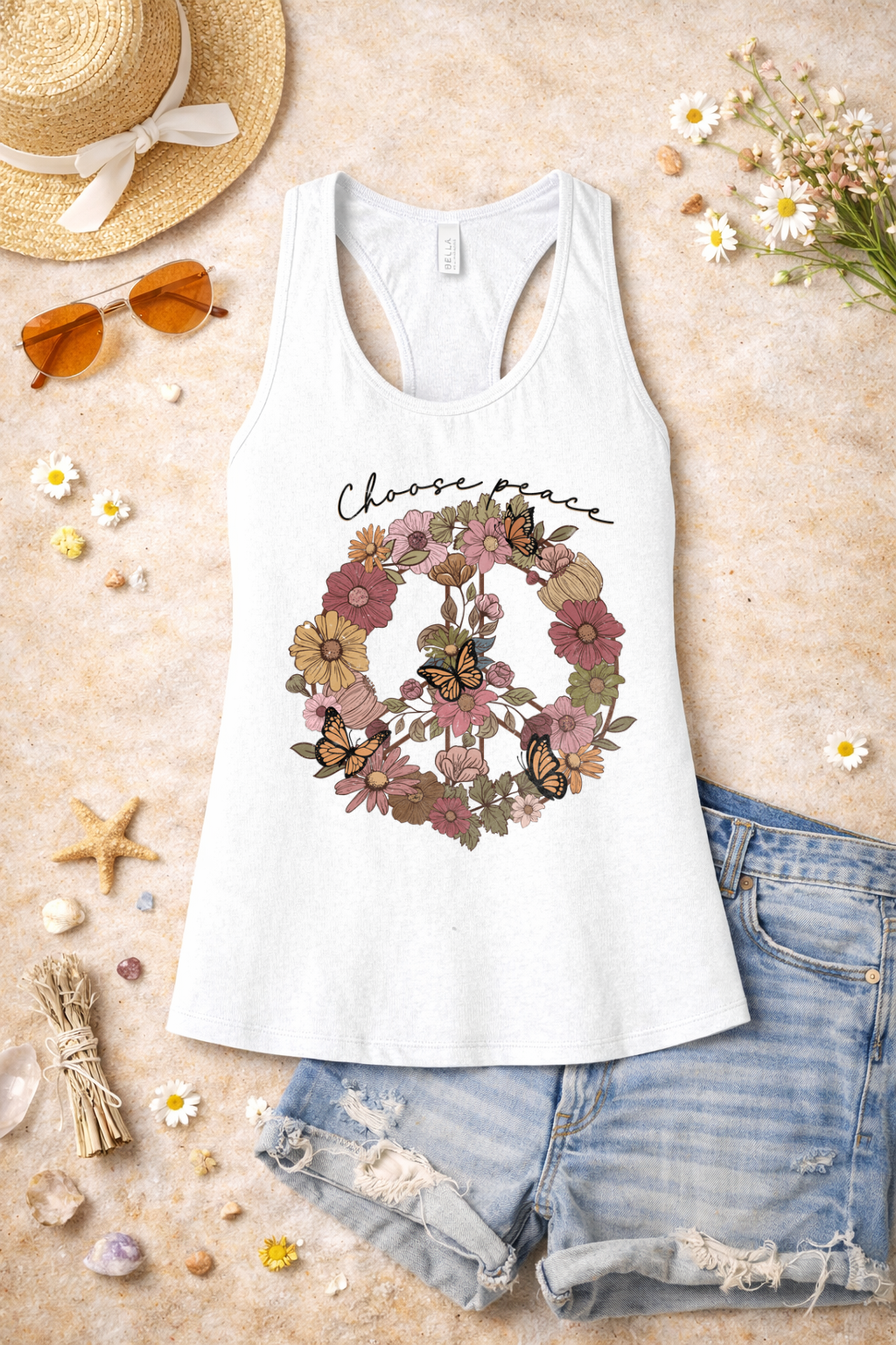 Choose Peace Tank | Floral Peace Sign Butterfly Graphic | Boho Inspirational Summer Top