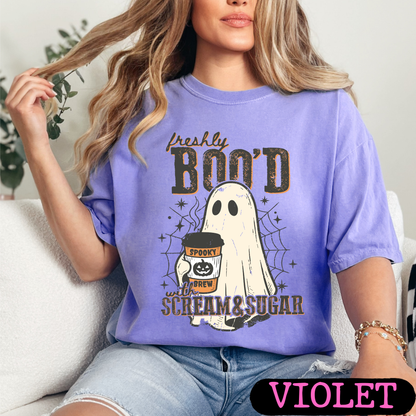 Freshly Boo'd with Scream & Sugar Ghost Halloween Coffee Shirt | Cute Fall Graphic Tee | Comfort Colors Halloween Tee