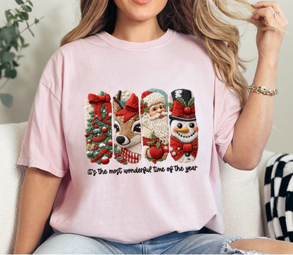 Christmas Embroidered Characters Tee “Most Wonderful Time of the Year” | Faux Yarn Merry Christmas Tshirt | Yarn Christmas Tree Tshirt | Realistic Yarn Tshirt