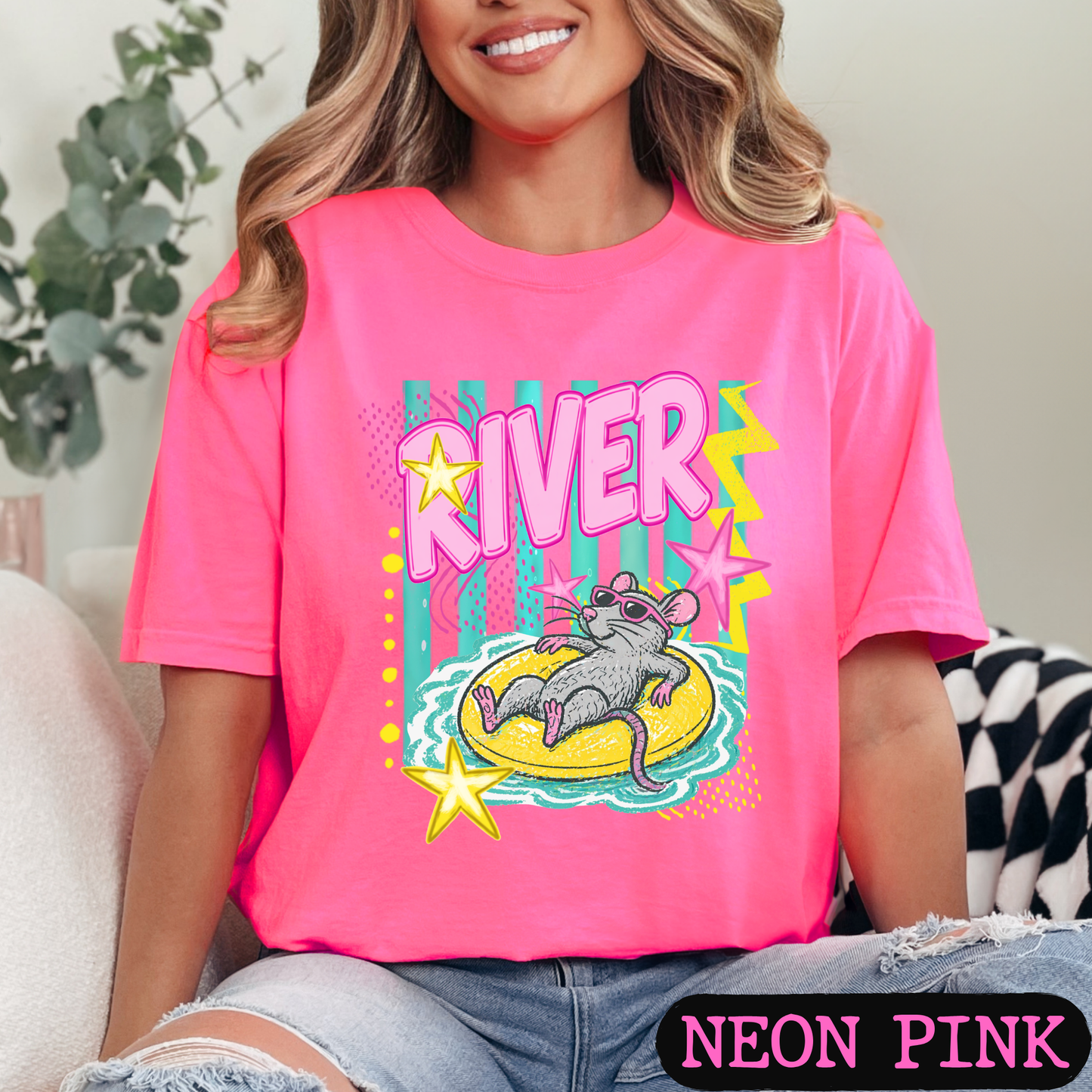 River Rat Retro Summer Graphic Tee | Cute Pool Float Mouse Shirt | Bright Neon Comfort Colors T-Shirt