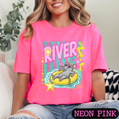 River Rat Retro Summer Graphic Tee | Cute Pool Float Mouse Shirt | Bright Neon Comfort Colors T-Shirt