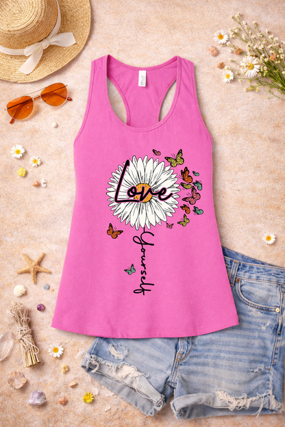 Love Yourself Daisy Butterfly Racerback Tank | Inspirational Graphic Tank Top | Summer Floral Shirt | Positive Vibes Apparel