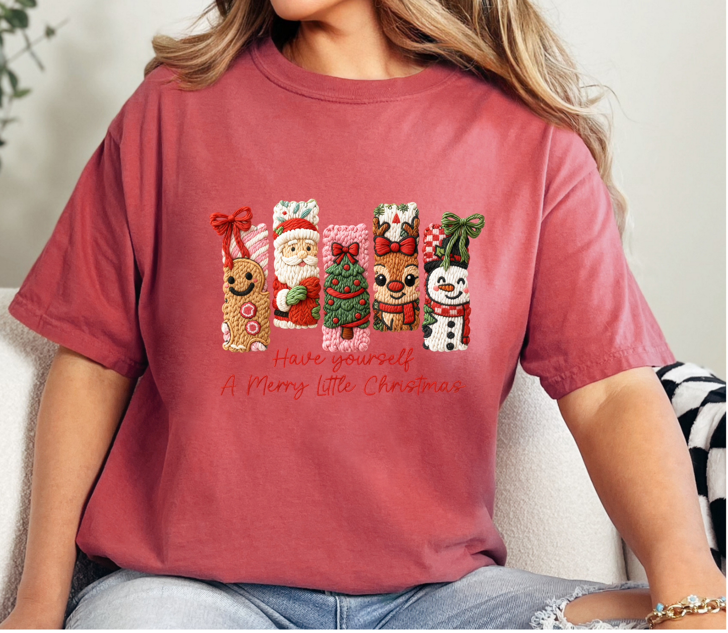 Have Yourself a Merry Little Christmas Tee | Cozy Faux Knit Character Holiday Shirt | Cute Gingerbread, Santa, Reindeer & Snowman