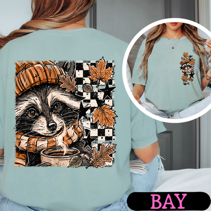 Cozy Fall Raccoon Comfort Colors T-Shirt | Front & Back Autumn Graphic Tee