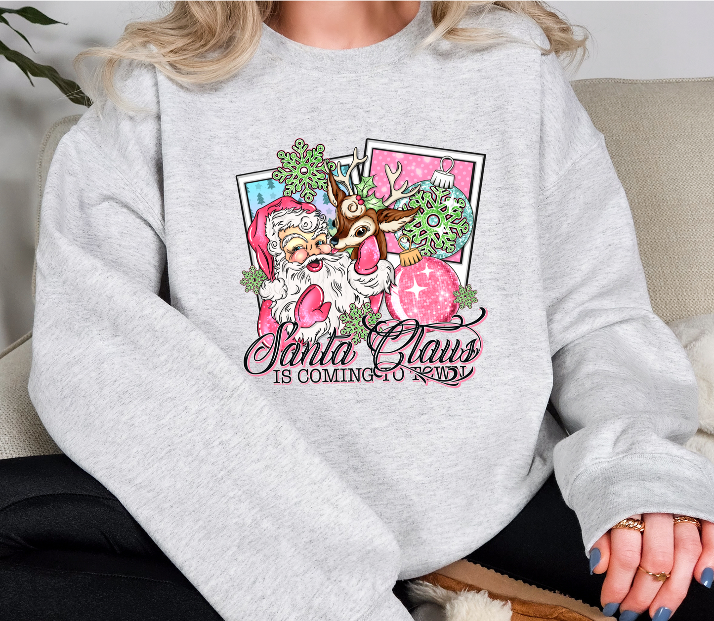 Retro Pink Santa & Reindeer Christmas Sweatshirt | Santa Claus Is Coming To Town | Vintage Holiday Crewneck