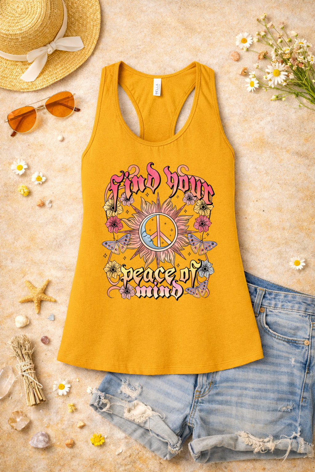 Find Your Peace of Mind Boho Graphic Racerback Tank | Retro Hippie Sun & Floral Tank Top | Summer Spiritual Vibes Shirt