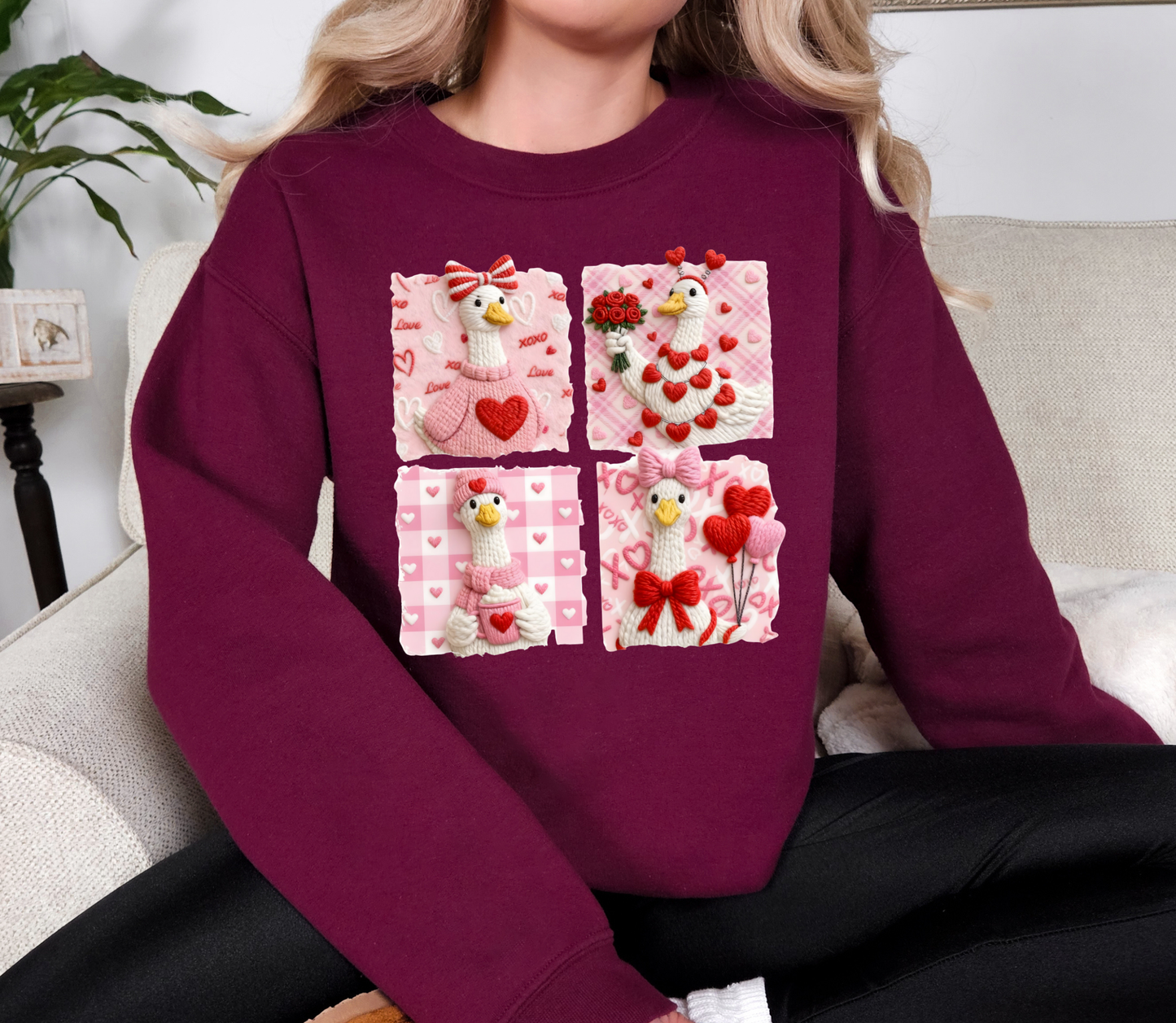 Valentine Goose Sweatshirt | Cute Pink Love Goose Patchwork Crewneck | Cozy Valentine Graphic Shirt | Galentine Gift