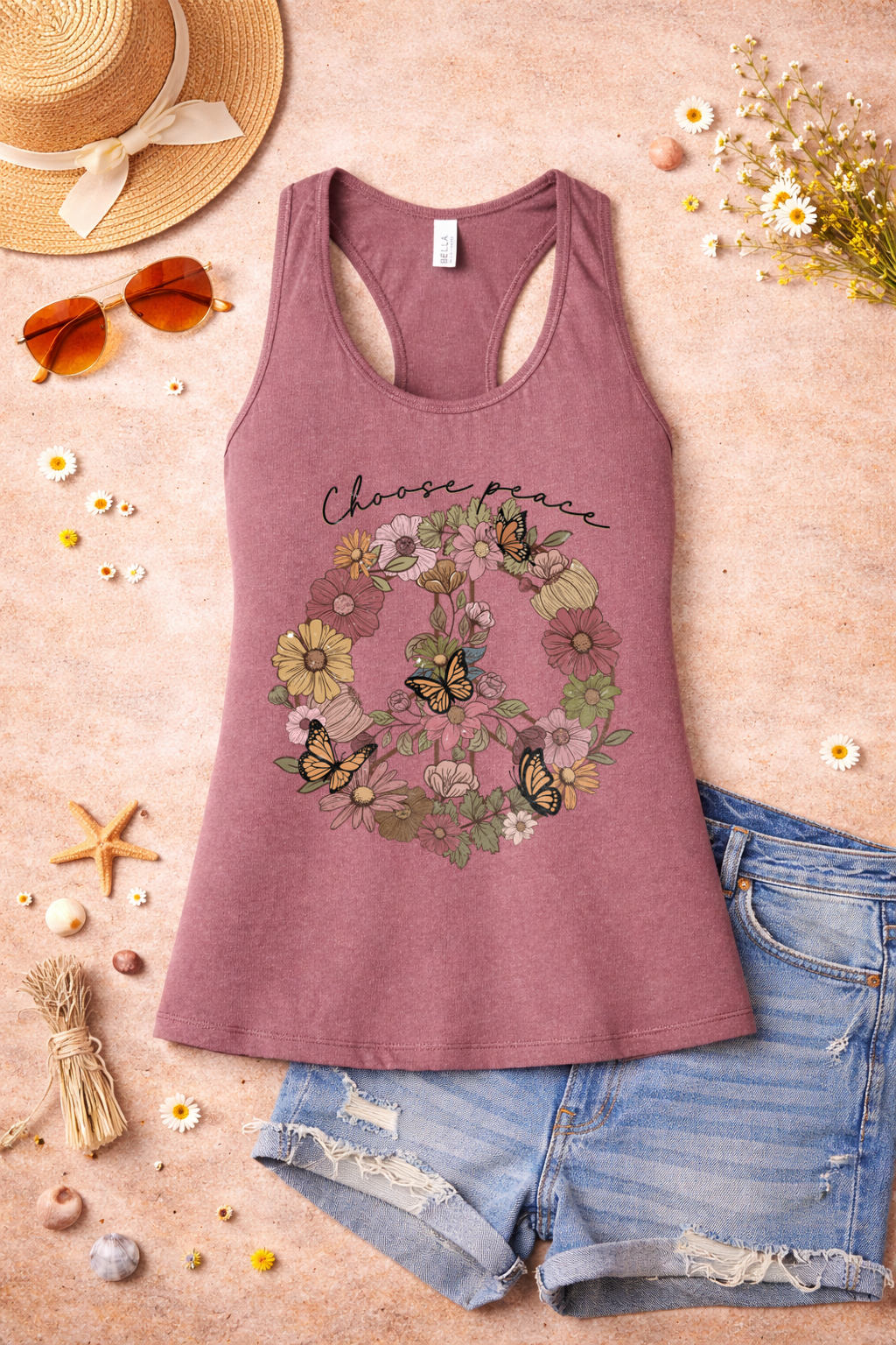 Choose Peace Tank | Floral Peace Sign Butterfly Graphic | Boho Inspirational Summer Top