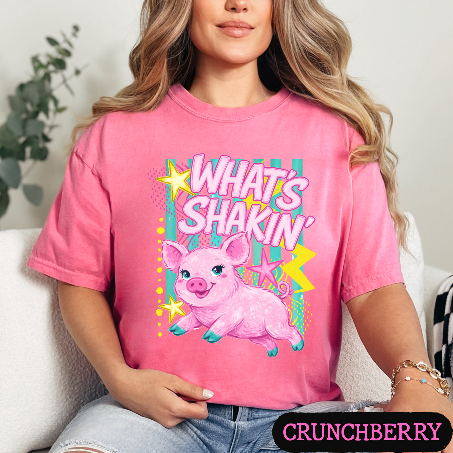 What's Shakin' Bacon Pig Graphic T-Shirt | Funny Farm Animal Shirt | Cute Retro Country Tee