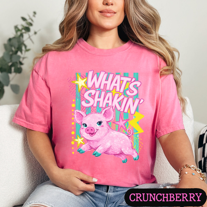 What's Shakin' Bacon Pig Graphic T-Shirt | Funny Farm Animal Shirt | Cute Retro Country Tee