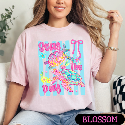 Seas The Day Sea Turtle Graphic Tee | Coastal Beach Shirt | Summer Vacation Tee | Ocean Lover Gift | Cute Turtle Shirt