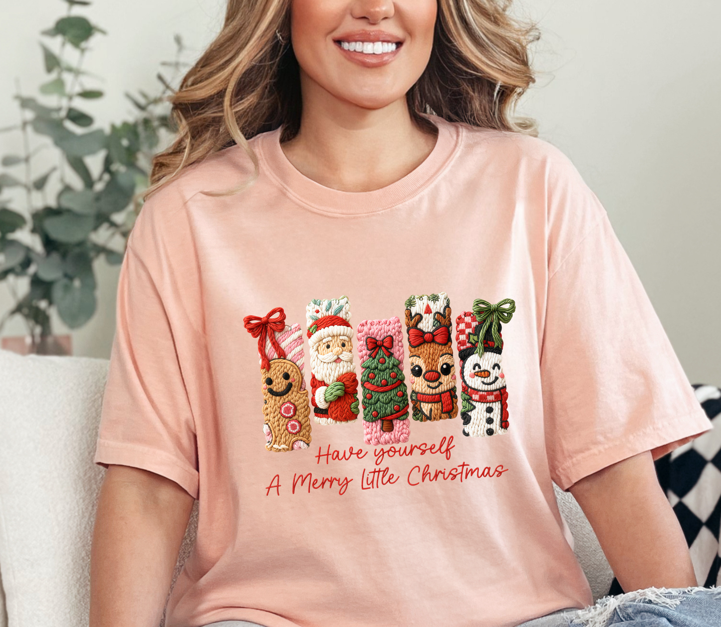 Have Yourself a Merry Little Christmas Tee | Cozy Faux Knit Character Holiday Shirt | Cute Gingerbread, Santa, Reindeer & Snowman