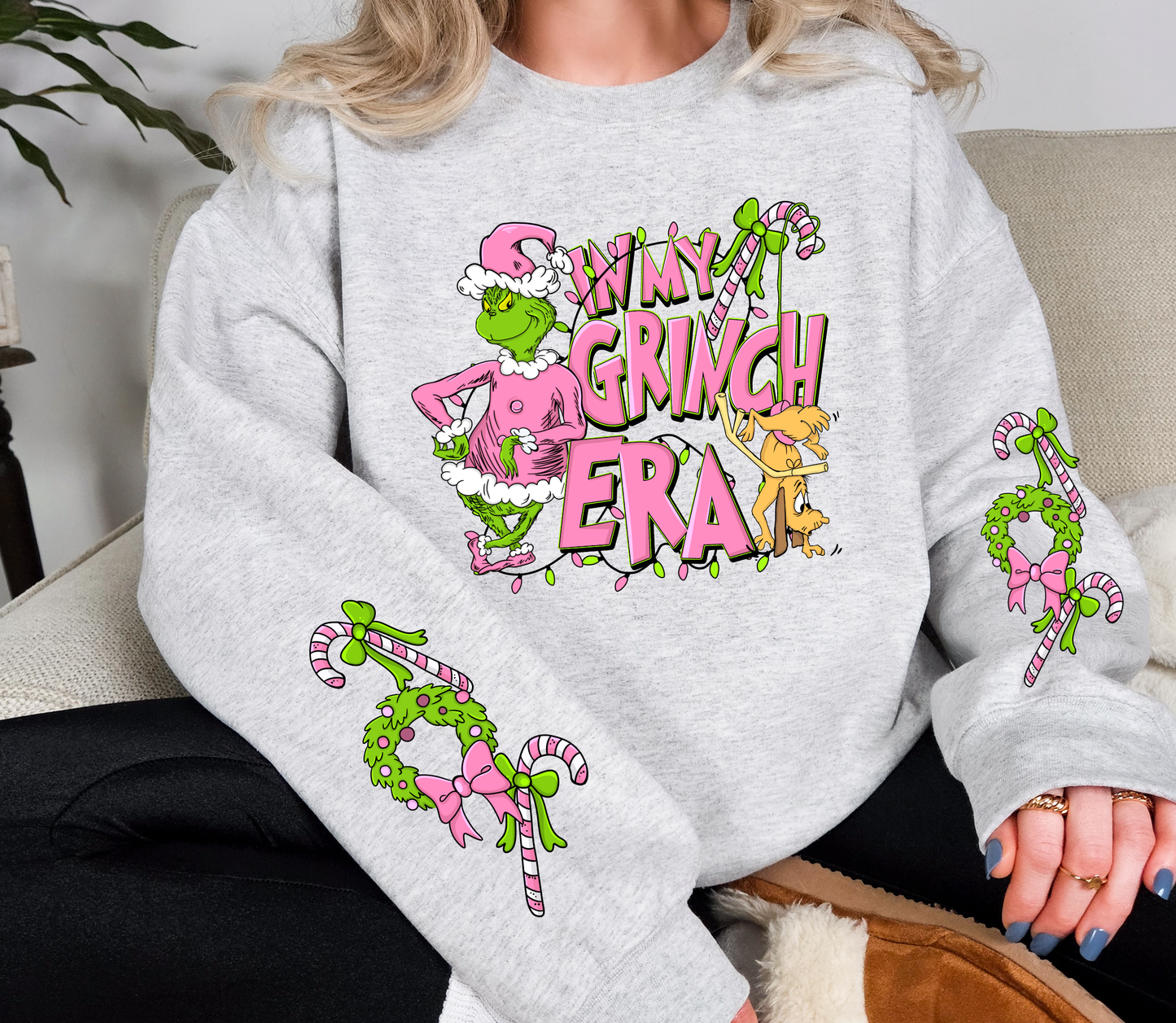 In My Green One Era Christmas Sweatshirt | Pink Green Guy Crewneck with Sleeve Design | Holiday Graphic Sweater